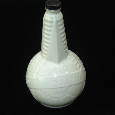 1939 New York World’s Fair URANIUM Custard Glass Globe Bottle & Cap; Vintage Souvenir Vinegar Bottle 