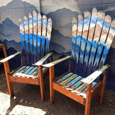 Set of 2 -Custom Mountain & Forest Mural Ski Chairs, hand painted with oil on Recycled Skis, Ski Chair, Hand Crafted, Colorado Set 
