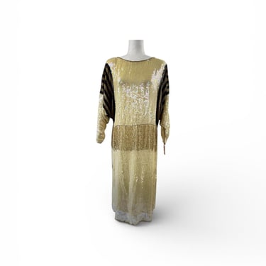 1980s Heavily Beaded Sequin Dress with Black and Gold Stripes 