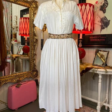 vintage 1980s cream cotton dress crochet lace s/m gauze pockets full skirt boho 