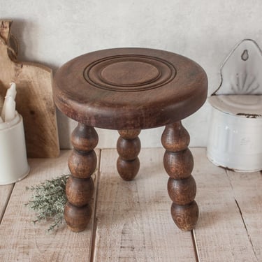 Small Antique French tripod farm stool in stained wood 