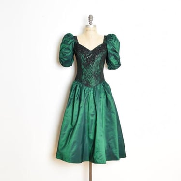 vintage 80s prom dress goth Alfred Angelo green taffeta lace puff sleeve midi XS 