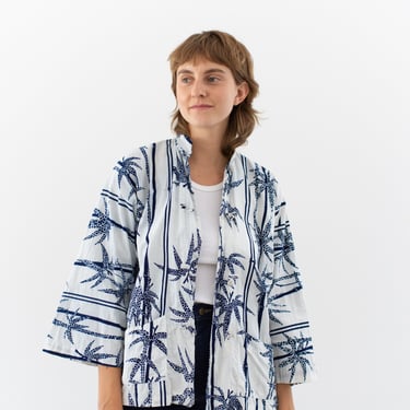 Vintage White Blue Indigo Bamboo Print Cotton Wrap Robe | Knot Closure | S M | 