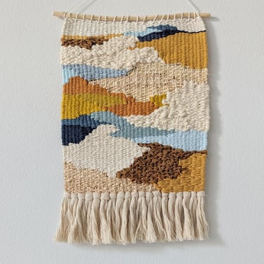 Wall Weaving/Hanging - Woven Tapestry - Mustard, Blue, Brown - Raffia - Boho Fiber Art - Handwoven Weave -Nursery Art (M2) 