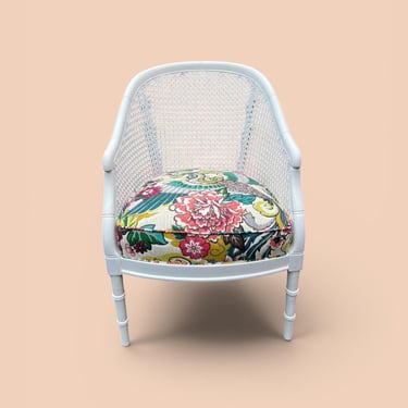 Beautiful vintage cane back barrel chair with faux bamboo details and all new upholstery 