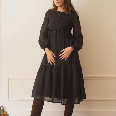 1970s Black Wool Challis Tiered Peasant Dress 