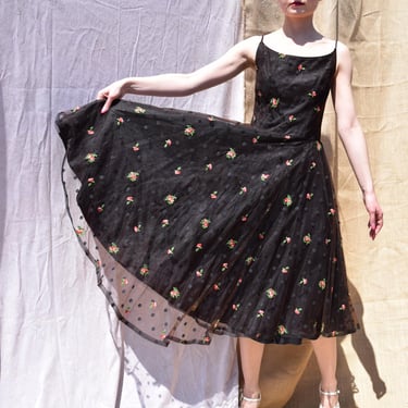 ROSE EMBROIDERED Black Floral Tulle Dress Vintage 50s SZ Small 
