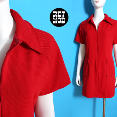 Mod Vintage 60s 70s Red Ribbed Short Sleeve Poly Zip-Front Dress 
