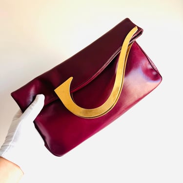 Vintage Burgundy Leather Convertible Clutch Tote - Brass Handles 