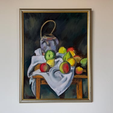 1990s Vintage Expressionist Still Life Fruit Oil on Canvas Painting, Signed 