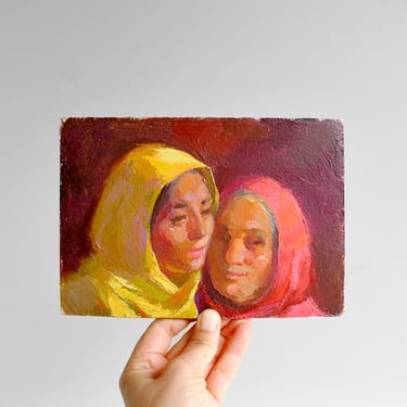 Vintage Oil Painting of Two Women in Head Scarves 