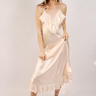 80s Ruffle Slip Dress (M) medium pink vintage 