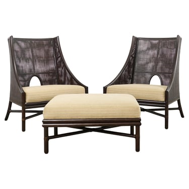 Pair of Barbara Barry for McGuire Caned Lounge Chairs and Ottoman