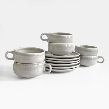 Russel Wright Granite Gray Flat Cups and Saucers Set of 6 American Modern Steubenville Pottery USA Espresso Teacups 