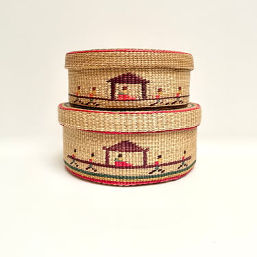 Set of woven patterned baskets | lidded baskets | vintage woven containers | round baskets 