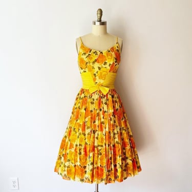 September Rose Dress • Size XS • 1950s Fit and Flare Yellow Orange Floral Print 
