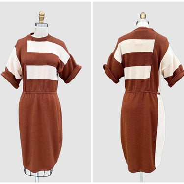 ST. JOHN By Marie Gray 70s/80s Ribbed Knit Dress | 1970s 1980s Vintage Mod Short Sleeve Asymmetrical Dress | Art Deco | Size Med. to Lg. 