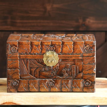 Small Vintage Hand Carved Camphor Wooden Chest, Intricate Chinoiserie Decor, Ornate Chinese Box with Hinged Lid & Red Satin Lining 