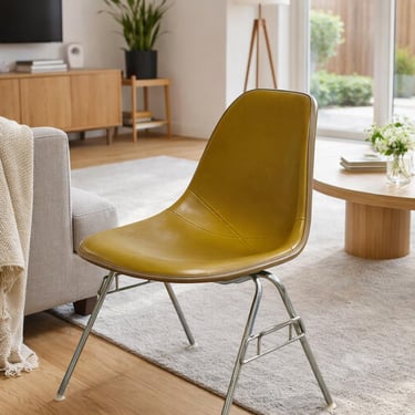Vintage Herman Miller Eames Olive Green Upholstered Fiberglass Shell Chair – Stacking Wire Base, c. 1950's 
