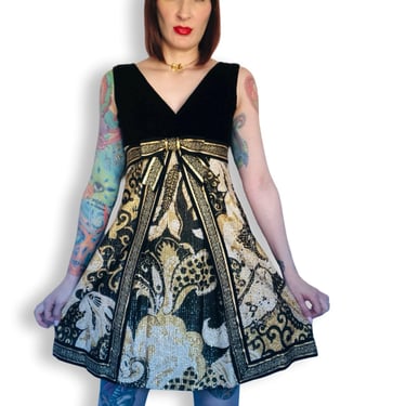 Vintage 1960's Gold Metallic Lurex and Black Velvet Mod Mini Dress / Cocktail Party Dress - size Small XS 