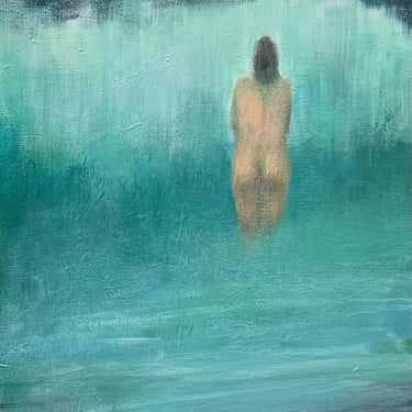 Blue Wave - Original Painting - Swimmer - Ocean Surf - Nude Female- Figure Study - Small Painting - 8x10 inches 