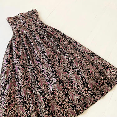1980s Victor Costa Paisley Strapless Gown – Full Skirt Drop Waist Evening Dress with Pockets, S/M Vintage 
