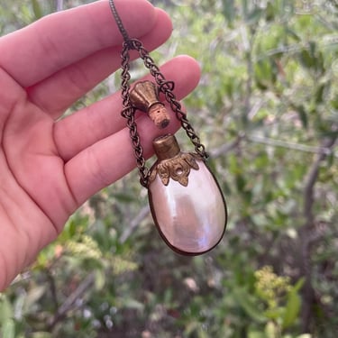 Antique  Mother of Pearl Perfume Bottle Pendant w Ormolu Mount & Finger Ring Detail | 1890-1900, Chatelaine, Victorian, Eduardian 