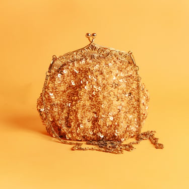 60s Gold Sequin Kiss Lock Clutch: Beaded Evening Purse 