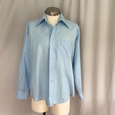 Mens light blue 1970s dress shirt with wide collar, 70s disco shirt with long collar, size XL vintage dress shirt, mens disco shirt 