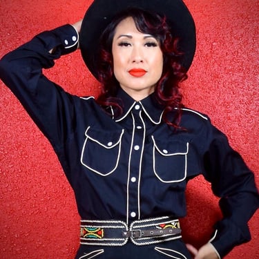 1940s Black Poplin Motorcycle or Western Shirt 