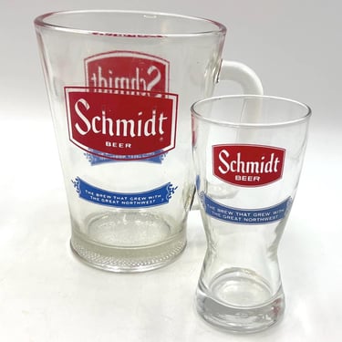 Vintage Schmidt  Beer Small 32 oz. Pitcher and Pilser Glass, Retro Bar Barware 