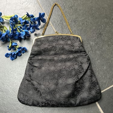 Vintage 1960s Black Brocade Evening Fold Over Clutch Purse 