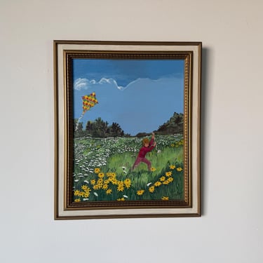 1990s Vintage Bob Strelaw “Girl With Kite” Landscape Oil Painting, Framed 