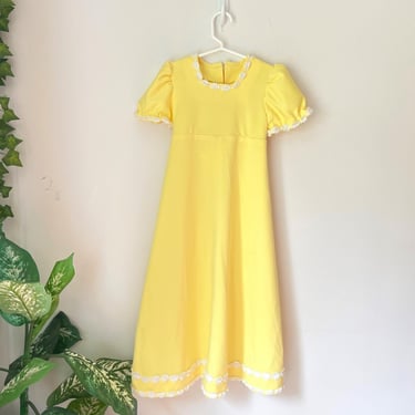 Girls 5/6 Vintage Yellow Daisy Maxi Dress 1970s Puff Sleeve Empire Waist 