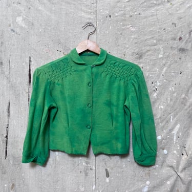 S 1940s Green Wool Blouse Over-Dyed Acid Green Cropped Peter Pan Collar 