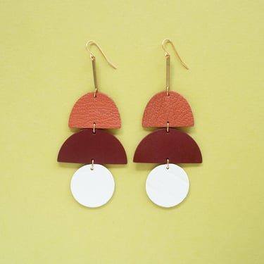 Big Scoop Tiered Leather Statement Earrings in Terracotta + Cream 