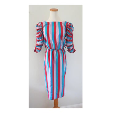 Vintage 80s Striped Midi Dress - Rainbow Stripe Ruched Sleeves - 1980s Cocktail Party Outfit - Size Small 
