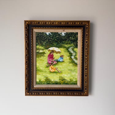 Vintage Karen “Picnic” Impressionist Oil on Canvas Painting – Framed 