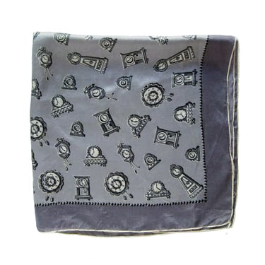 Mid Century Silk Scarf, Clock Theme Illustrated Scarf, Mantle Clocks, Wall Clocks & Time Pieces, Gray Silk Scarf, Rolled Hem, Small Scarf 