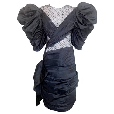 1980's Black Taffeta and Lace Dramatic Peek-A-Boo Party Dress