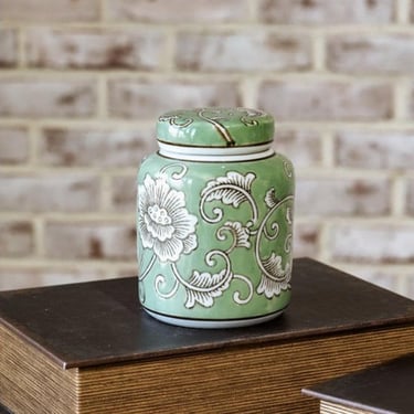 Green Floral Ginger Jar, decorative pottery, office shelf decor, decorating urn, Classic Chinoiserie Style, grandmillennial 