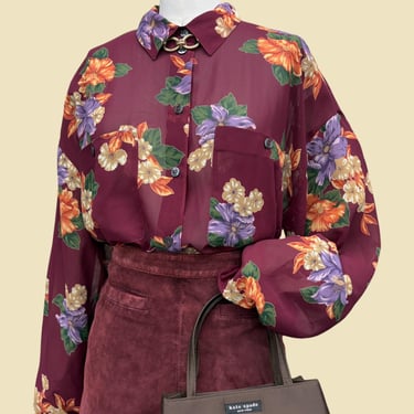 Vintage Sheer Floral Blouse 1990s Retro Womens Size 10 + Preppy + Liz Claiborne Collection + Polyester + Burgundy + Button Front 