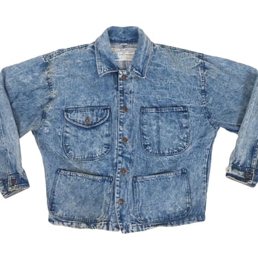 Vintage 80s 90s Stone Wash Denim Jean Jacket LARGE L Cotton Stonewashed Long Sleeves Oversized Coat Four Big Pockets Blue Unisex Prom Party 