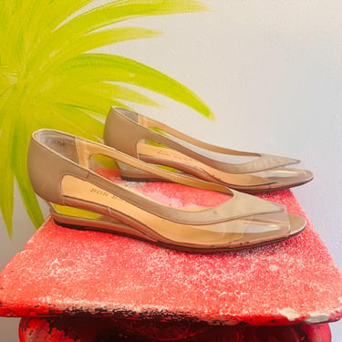 80s clear wedges 1980s nude leather plastic lucite wedge heels pumps flats sandals Bob Baker sheer see-through slip-on open-toe shoes size 9 