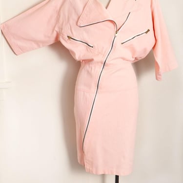 80's Peachy Pink Zipper Dress, MED/Large, Vintage 1980's Punk New Wave style denim 
