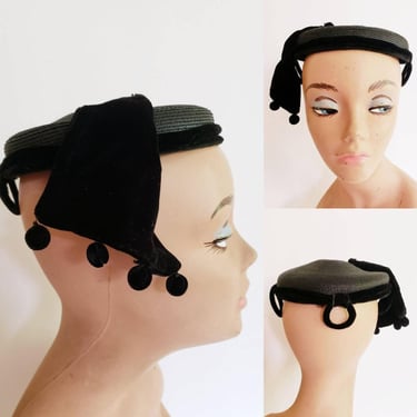 Vintage 1950s Black Hat Fascinator Modernist Avant Garde Cocktail Beanie Hat Pom-Pom Fringe Yeagers Akron Ohio 