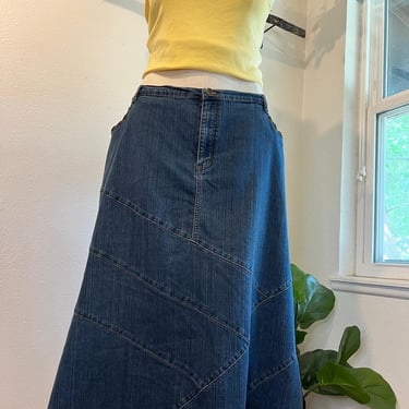 Vintage Denim Stitched Design Midi Cotton Skirt Leather Woven Pockets Size 24W 