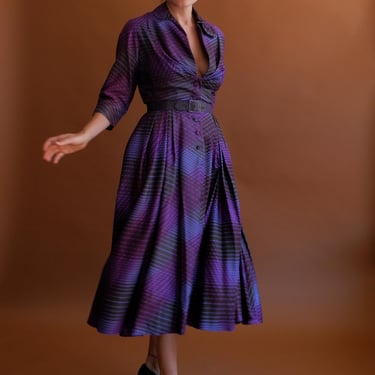 Vintage 50s Silk Jewel Tone Fit and Flare Dress/ 1950s Purple Blue Shirtwaist/ Size XS 25 