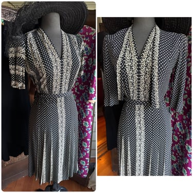 Vintage 1930s 40s Polka Dot Rayon 3 Piece Dress Set - Medium 