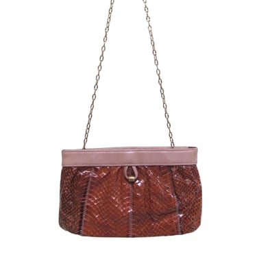 Vintage 1970s Brown Genuine Snakeskin Purse, 70s Margolin Glam Rock Convertible Shoulder Bag to Clutch, VFG 